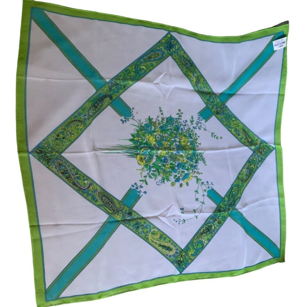 Vintage Womens Green Teal & Yellow Scarf 26”x27”